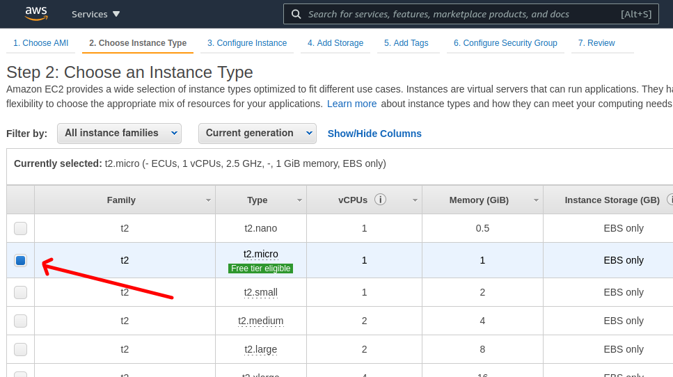 Choose a t2.micro instance